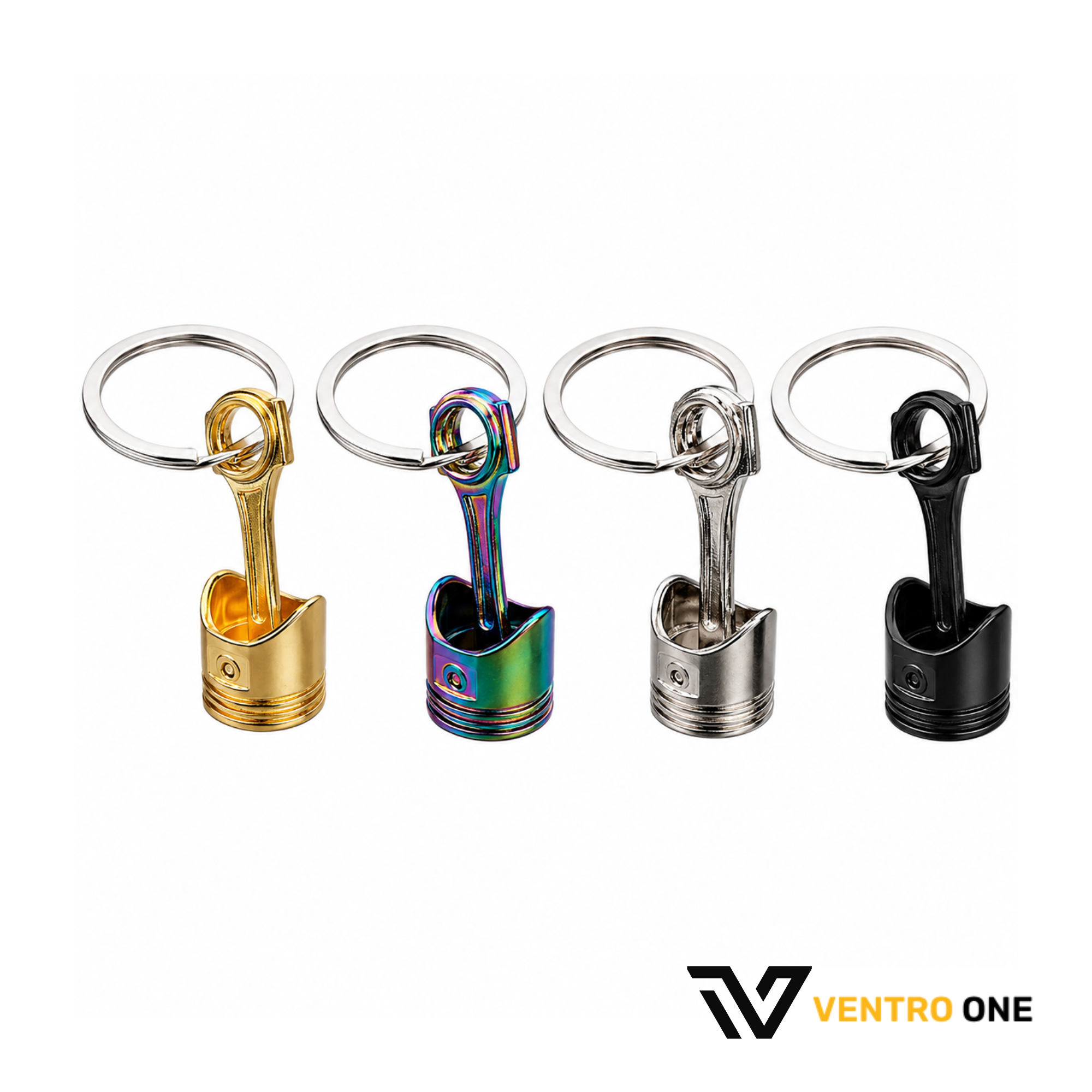 Mini Engine Piston Keyring – Polished Alloy Connecting Rod Keychain, Colour Variant