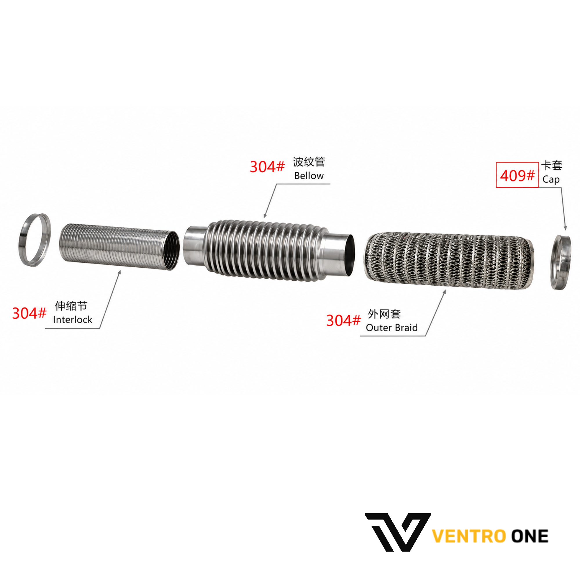 304 Stainless Steel Flexi Exhaust Pipe – 45×203mm, Extended Length, 3-Layer Braided Bellow