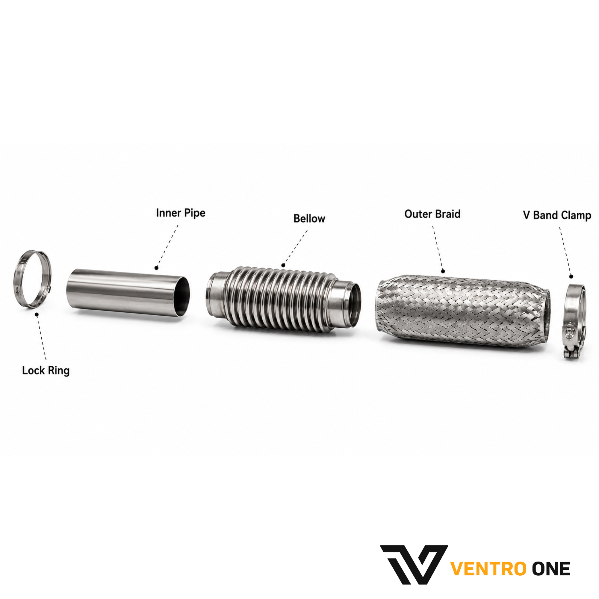 304 Stainless Steel Flexi Exhaust Pipe – 57×203mm, Extended Length, Braided Bellow